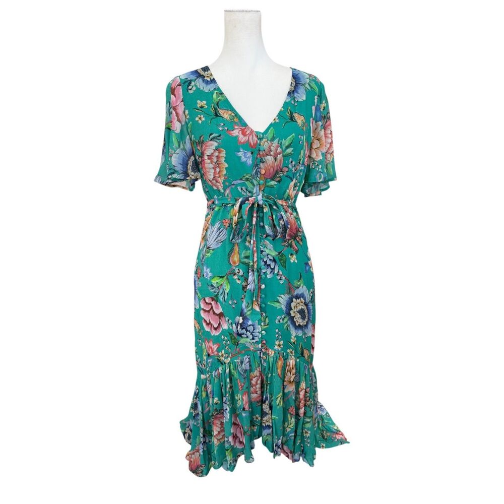 Monsoon Vintage Flowy‎ Romantic Green Floral Tiered Maxi Ruffle Hem Dress Sz 8